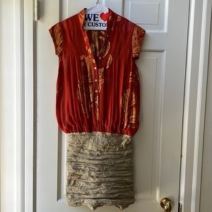Nicole Miller gold and orange pencil skirt dress
